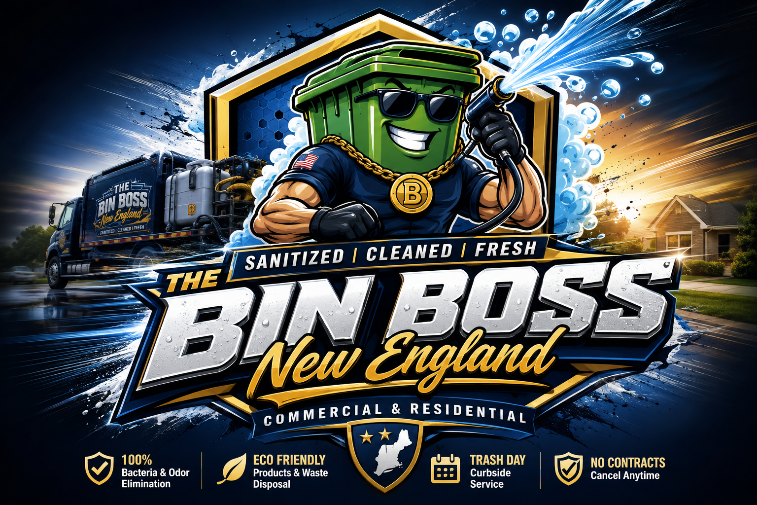 The Bin Boss New England — green trash bin mascot in sunglasses holding a pressure washer